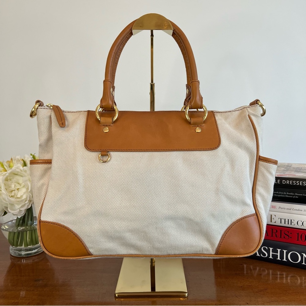 J. Crew Crossbody/Shoulder Bag/Handbag Cream Canvas and Tan Leather